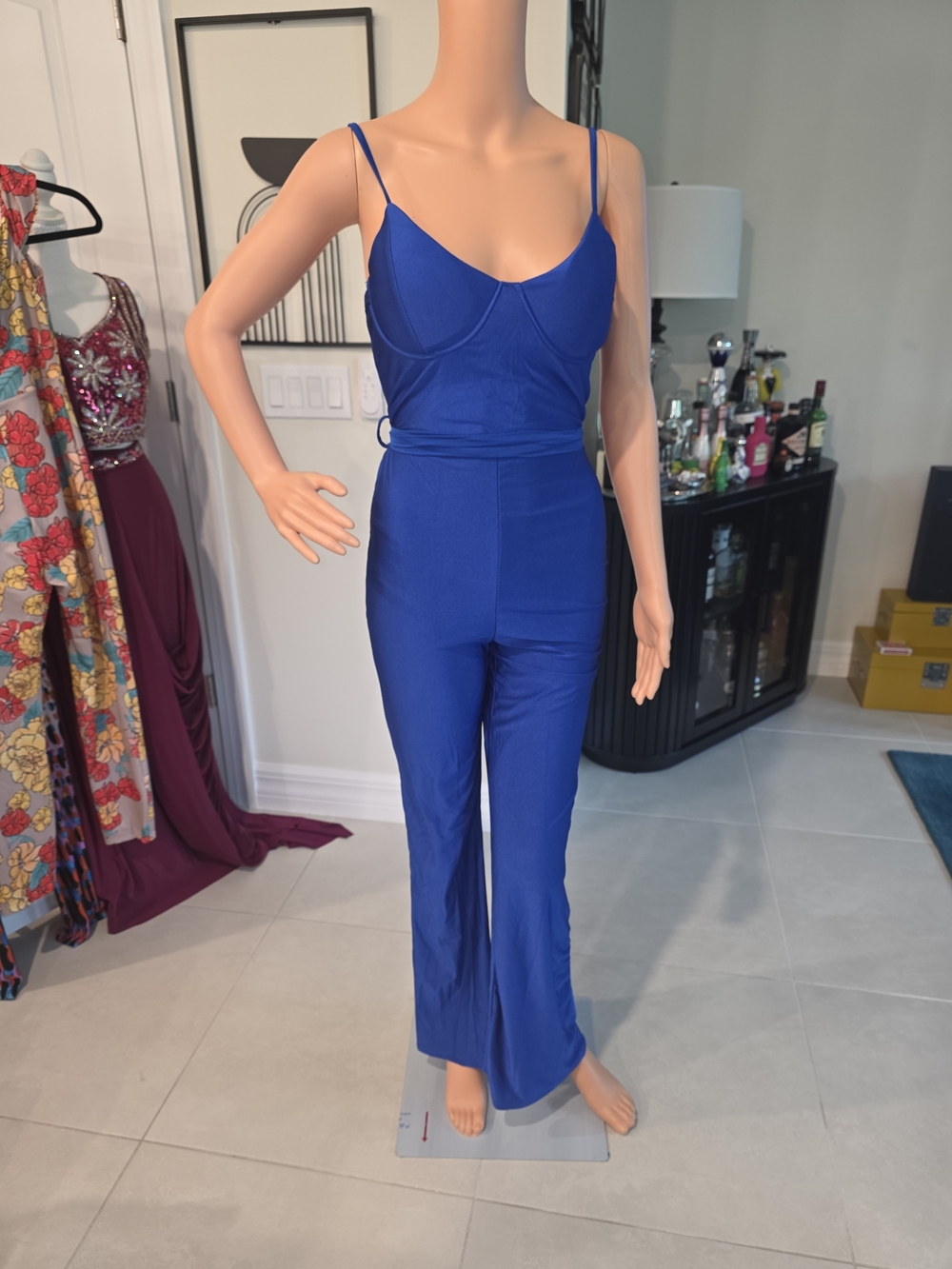 Royal Blue Spaghetti-Strap Jumpsuit with Fitted Bodice
